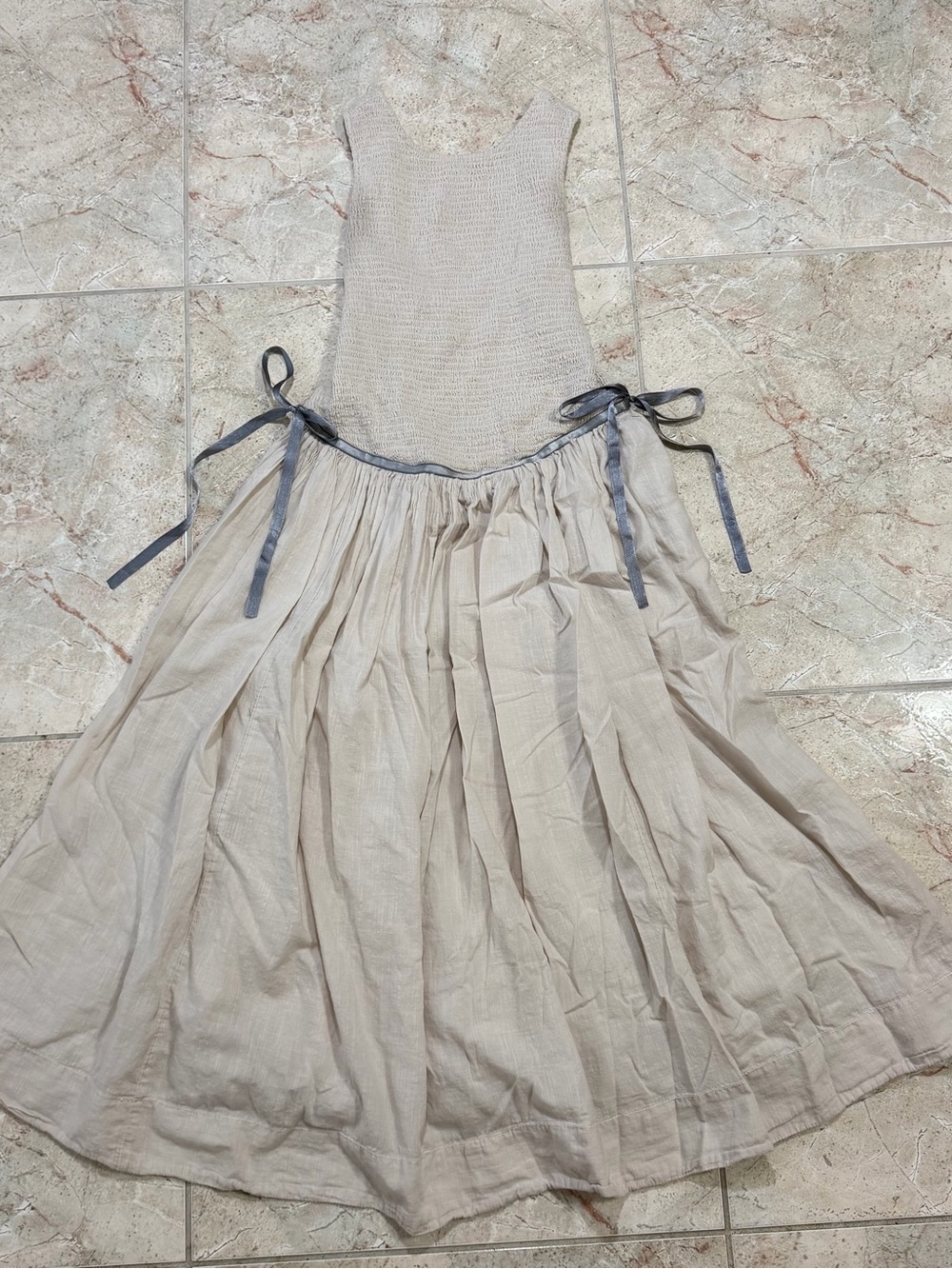 Free People Sleeveless Ribbed Flowy Linen Dress with Silk-Like Ribbon